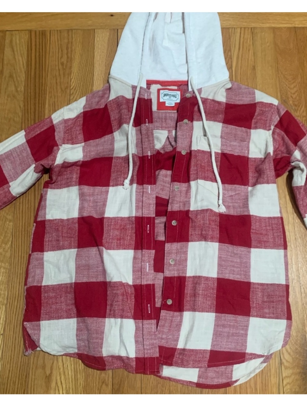 American Eagle Outfitters Red and White Plaid Hooded Button-Down Shirt